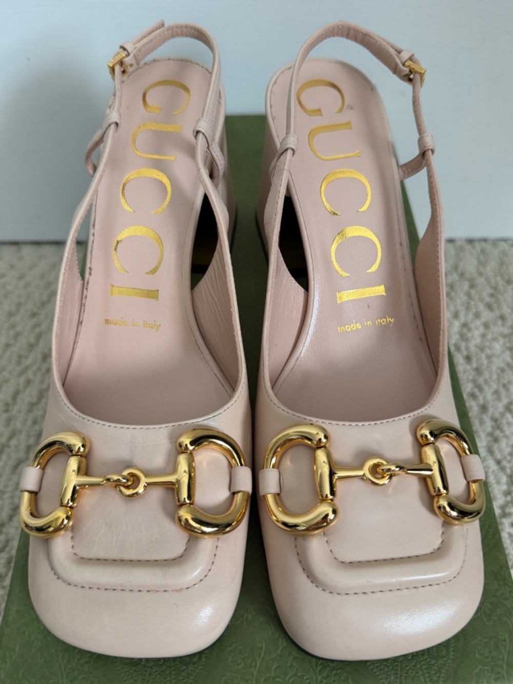 Gucci Horsebit Gold Hardware Nude Beige Leather Block Heel Slingback Pumps